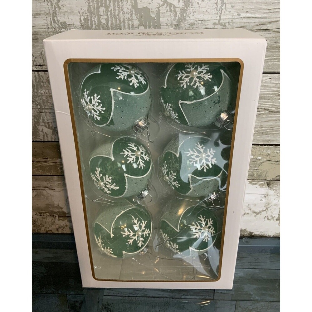 Kurt Adler 80MM Glass Teal‎ Snowflake 6-Piece Ball Ornament Set